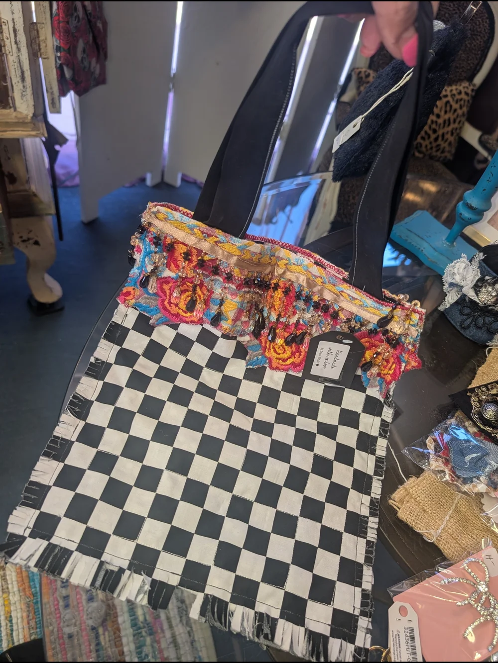 Boho Black & White Checkered Tote with Multicolor Embellished Trim